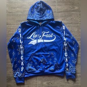 Live Fast Blue Bandana Print Hoodie Mens XL Streetwear Graphic Pullover